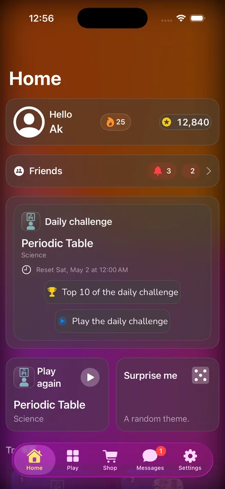 The daily challenge screen