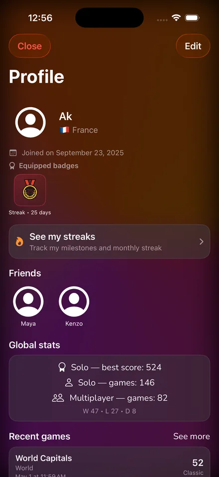 The profile and progression screen