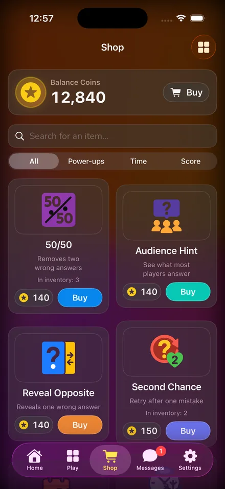 The shop screen