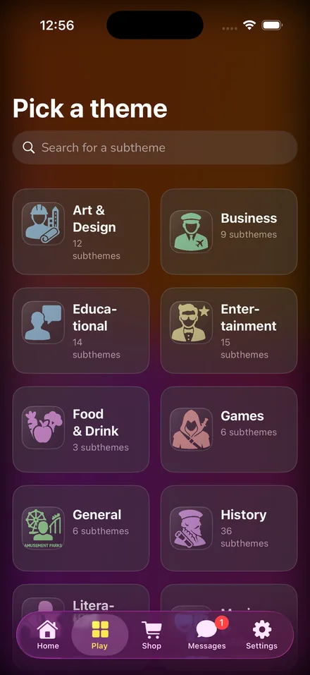 The theme selection screen