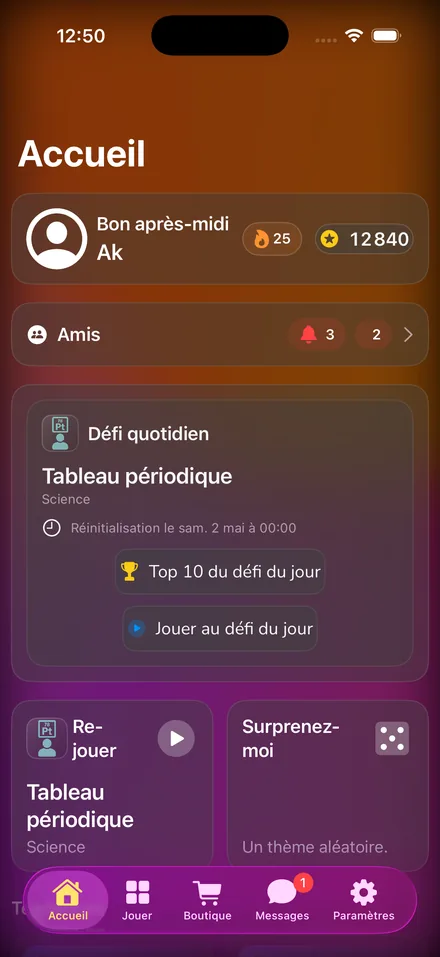 L'écran d'accueil de Quiz Tempo