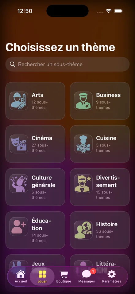L'écran de choix des thèmes
